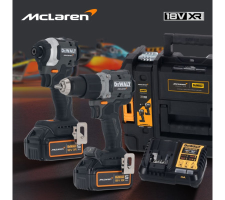 Аккумуляторный набор DEWALT McLaren Limited Edition DCK200MP2T: дрель-шуруповерт + шуруповерт, с 2 АКБ 5 Ач и ЗУ, в кейсе TSTAK