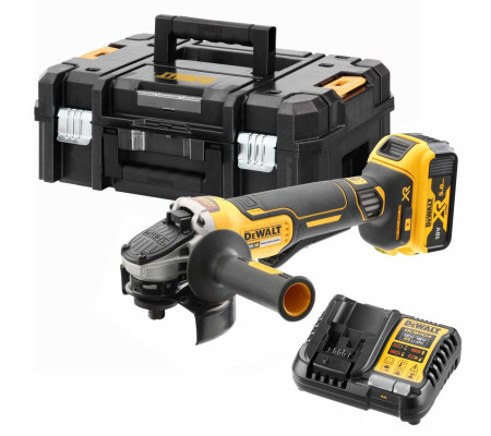 Аккумуляторная угловая шлифмашина DEWALT DCG406P1T, 18 В, 125 мм, 9000 об/мин, с АКБ 5 Ач и ЗУ, в кейсе TSTAK (DCG406P1NT-XJ)