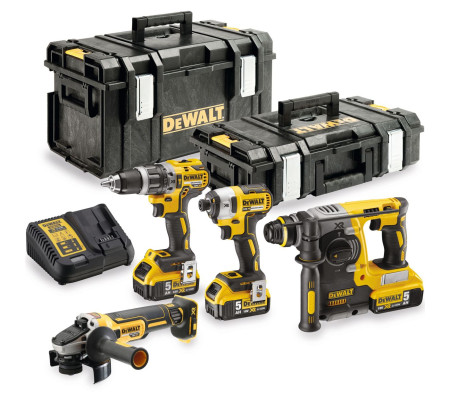 Аккумуляторный набор DEWALT DCK422P3, 18 В: дрель-шуруповерт DCD796 + шуруповерт DCF887 + УШМ DCG405 + перфоратор DCH273, с 3 АКБ 5 Ач и ЗУ, в 2 кейсах