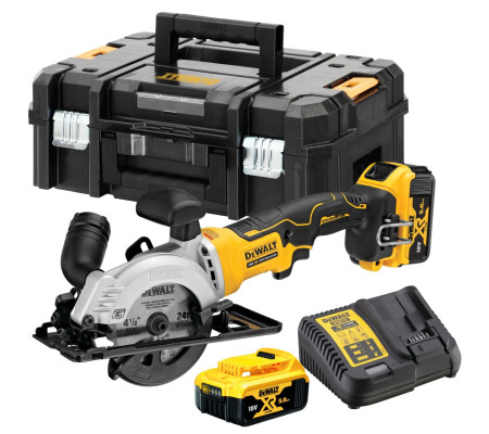 Аккумуляторная дисковая пила DEWALT DCS571P2T, 18 В, 115 мм, 4500 об/мин, с 2 АКБ 5 Ач и ЗУ, в кейсе TSTAK (DCS571P2T-QW)