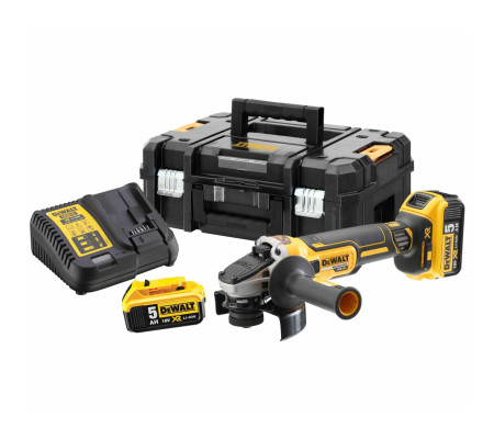 Аккумуляторная угловая шлифмашина DEWALT DCG405P2, 18 В, 125 мм, 9000 об/мин, с 2 АКБ 5 Ач и ЗУ, в кейсе TSTAK (DCG405P2-QW)