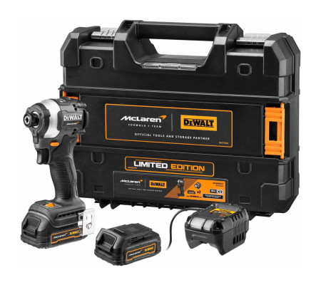 Шуруповерт DEWALT McLaren Limited Edition DCF85ME2GT, 18 В, 205 Нм, с 2 АКБ 1.7 Ач и ЗУ, в кейсе TSTAK (DCF85ME2GT-QW)