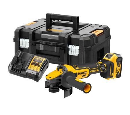 Аккумуляторная угловая шлифмашина DEWALT DCG409P1T, 18/54 В, 125 мм, 9000 об/мин, с АКБ 5 Ач и ЗУ, в кейсе TSTAK (DCG409P1NT-XJ)